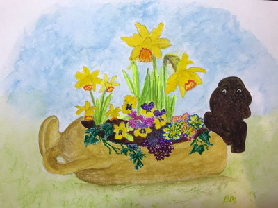 Brenda, spring flowers and pot rabbit garden ornament,watercolour.jpg